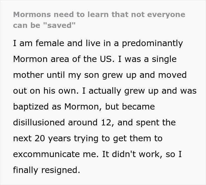 Text about a woman's experiences with Mormons, her disillusionment, and efforts to leave the church. Text about a woman's experiences with Mormons, her disillusionment, and efforts to leave the church.
