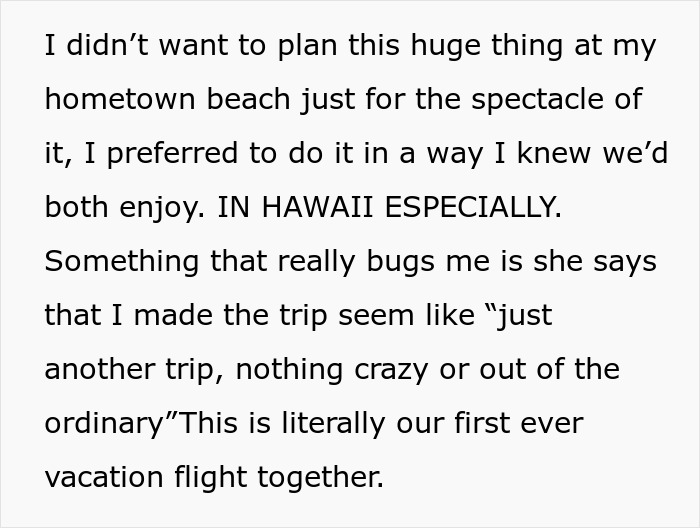Text of a man sharing his disappointment over a rejected proposal that happened during a Hawaii vacation. Text of a man sharing his disappointment over a rejected proposal that happened during a Hawaii vacation.