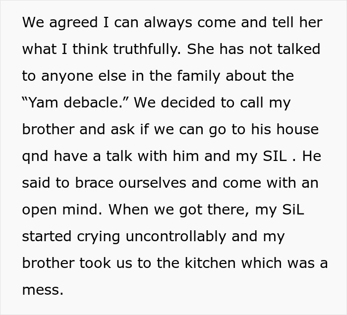 Text describing a family discussion about the "Yam debacle" from Thanksgiving. Text describing a family discussion about the "Yam debacle" from Thanksgiving.