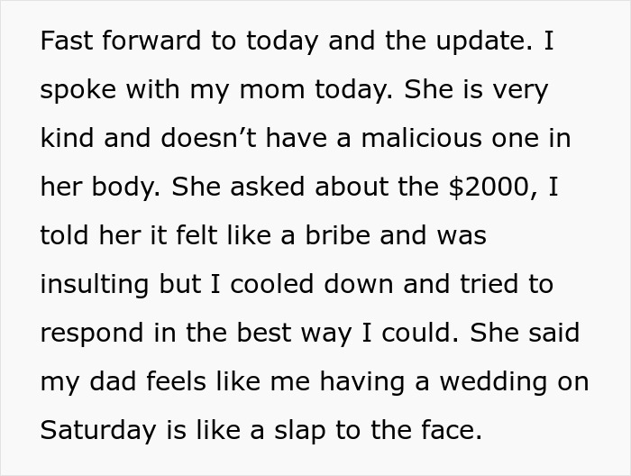 Text conversation about a wedding date change and feeling like a bribe attempt. Text conversation about a wedding date change and feeling like a bribe attempt.