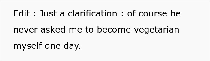 "Text message clarifying a vegan did not ask woman to become vegetarian. "Text message clarifying a vegan did not ask woman to become vegetarian.