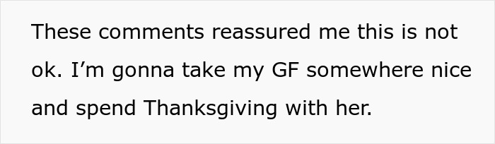 Text discussing family inviting ex to Thanksgiving and Christmas; person decides to celebrate elsewhere with girlfriend. Text discussing family inviting ex to Thanksgiving and Christmas; person decides to celebrate elsewhere with girlfriend.