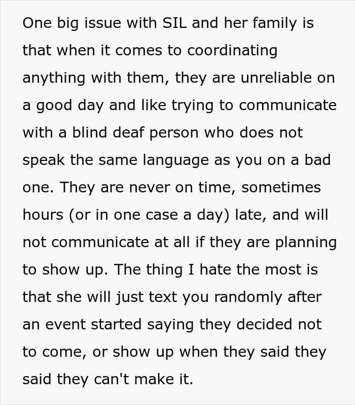 Text discussing unreliability in communication and attendance for events without responding to invitations. Text discussing unreliability in communication and attendance for events without responding to invitations.