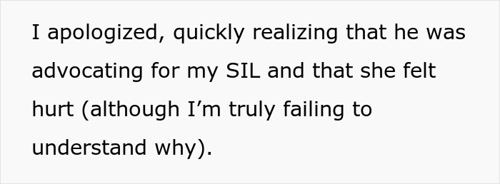 Text referencing a misunderstanding about a brother's wedding engagement and apology to sister-in-law. Text referencing a misunderstanding about a brother's wedding engagement and apology to sister-in-law.