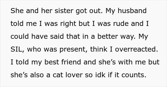 Text recounts disagreement over focus on baby vs. cat, involving aunt-in-law and new mom. Text recounts disagreement over focus on baby vs. cat, involving aunt-in-law and new mom.