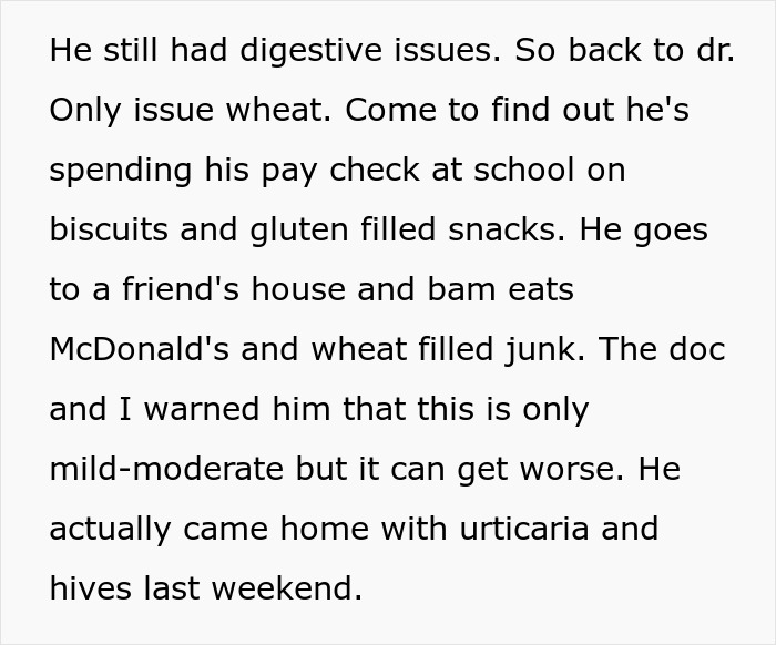 Text about a son's wheat allergy and consuming gluten-filled snacks despite his mom's efforts to cater to his dietary needs. Text about a son's wheat allergy and consuming gluten-filled snacks despite his mom's efforts to cater to his dietary needs.