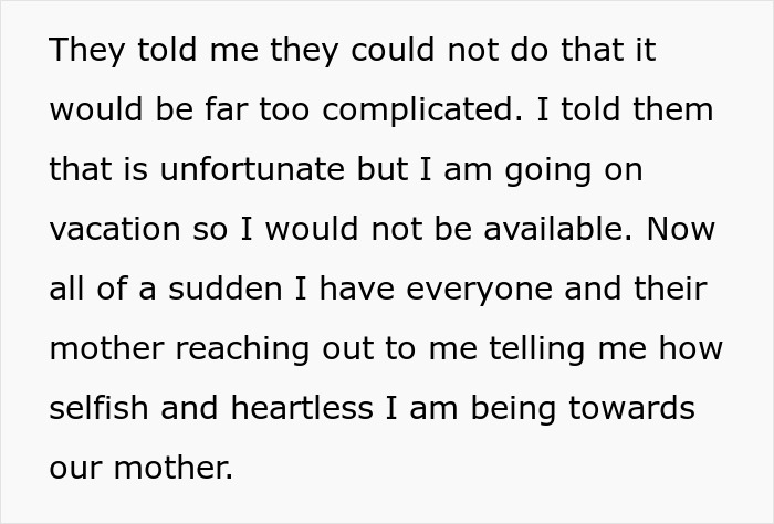 Text describing family conflict over care facility decision for mother during holidays. Text describing family conflict over care facility decision for mother during holidays.