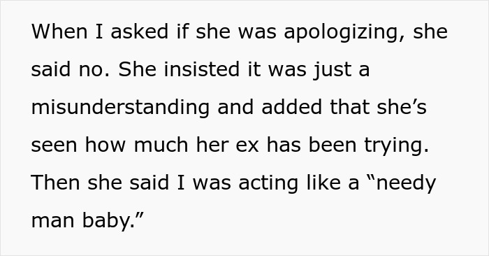 Text about a wife's refusal to apologize and her belief in her ex's efforts, leading to a marriage conflict. Text about a wife's refusal to apologize and her belief in her ex's efforts, leading to a marriage conflict.