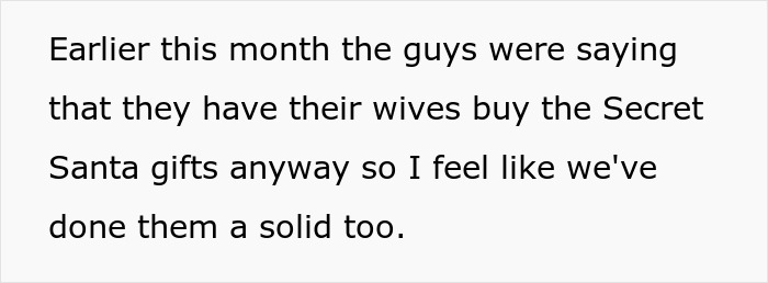 Text image expressing frustration about Secret Santa planning and mentioning wives buying gifts. Text image expressing frustration about Secret Santa planning and mentioning wives buying gifts.