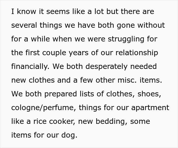Text discussing a thoughtful surprise including lists for new clothes, shoes, and apartment items during tough financial times. Text discussing a thoughtful surprise including lists for new clothes, shoes, and apartment items during tough financial times.