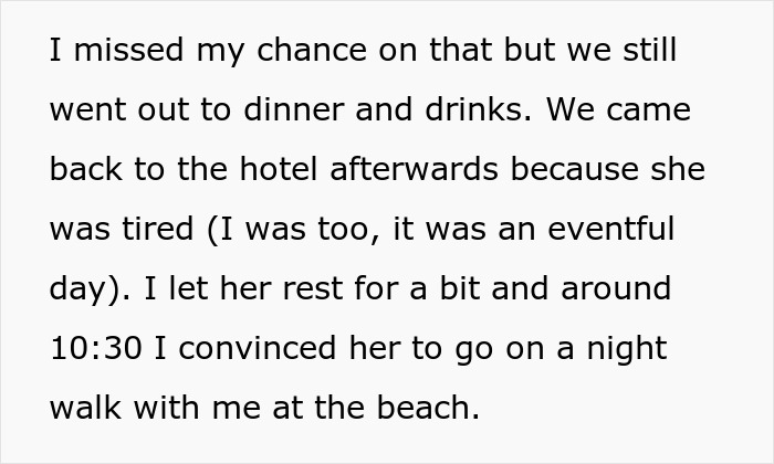 Text recounting a couple's evening with a missed chance for a proposal at the beach. Text recounting a couple's evening with a missed chance for a proposal at the beach.