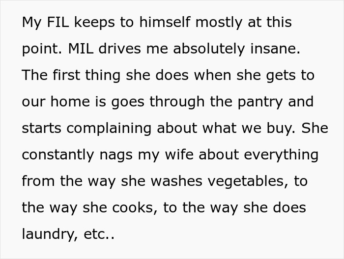 Text describing an overbearing MIL criticizing household management. Text describing an overbearing MIL criticizing household management.