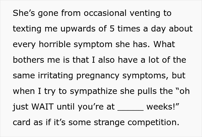 Text exchange about pregnancy symptoms between frustrated friends. Text exchange about pregnancy symptoms between frustrated friends.