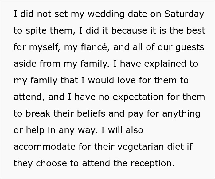 Text about a bride explaining reasons for choosing a wedding date despite family concerns, mentioning vegetarian options. Text about a bride explaining reasons for choosing a wedding date despite family concerns, mentioning vegetarian options.