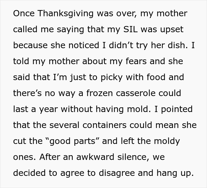 Text expressing concern about eating a potentially year-old Thanksgiving dish, mentioning mold and family disagreement. Text expressing concern about eating a potentially year-old Thanksgiving dish, mentioning mold and family disagreement.