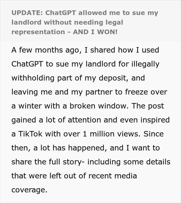 Tenant uses ChatGPT against landlord, wins court case, shares viral story. Tenant uses ChatGPT against landlord, wins court case, shares viral story.