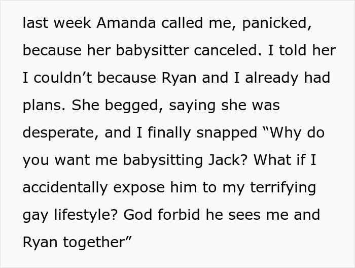 Text snippet discussing refusal to babysit after a sister demanded her sibling exclude a boyfriend from family events. Text snippet discussing refusal to babysit after a sister demanded her sibling exclude a boyfriend from family events.