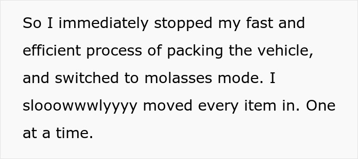 Text describes a shopper purposefully moving grocery items slowly, irritating a rude driver at Costco. Text describes a shopper purposefully moving grocery items slowly, irritating a rude driver at Costco.
