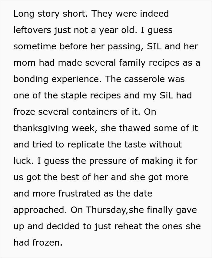 Text discussing leftovers being used for a Thanksgiving dish, highlighting family recipe traditions and reheating decisions. Text discussing leftovers being used for a Thanksgiving dish, highlighting family recipe traditions and reheating decisions.
