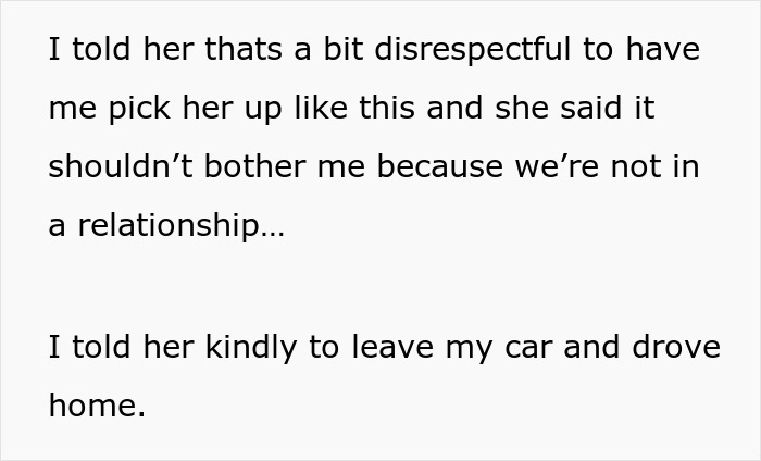 Text screenshot discussing disrespect and being asked to leave the car after a date. Text screenshot discussing disrespect and being asked to leave the car after a date.