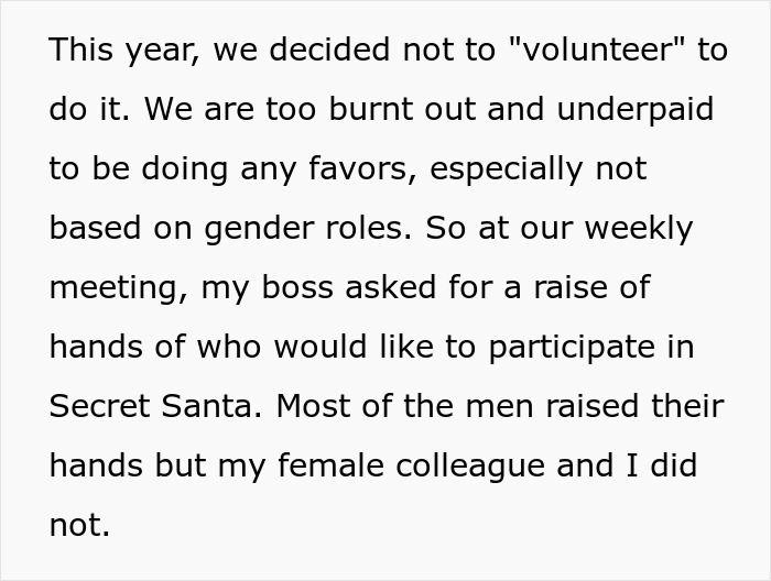 Female employees refuse Secret Santa participation due to burnout and gender role expectations. Female employees refuse Secret Santa participation due to burnout and gender role expectations.