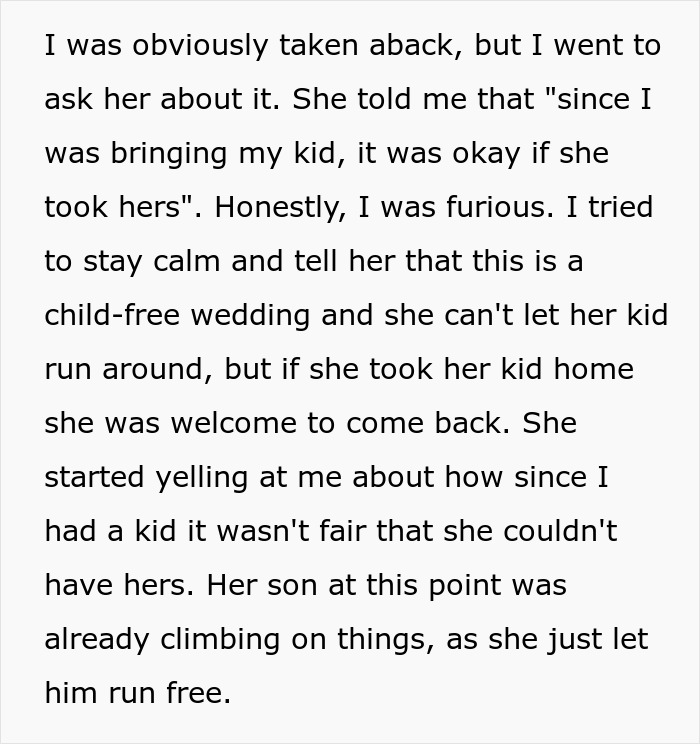 Text from a story about a dispute at a child-free wedding involving an 11-month-old. Text from a story about a dispute at a child-free wedding involving an 11-month-old.