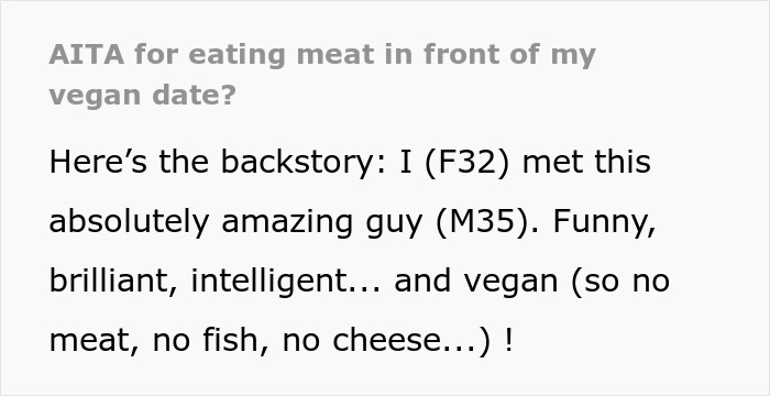 Text about a woman eating meat during a date with a vegan, wondering if it's tactless. Text about a woman eating meat during a date with a vegan, wondering if it's tactless.