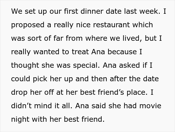 Text about a date at a distant restaurant, with a plan to drop off afterward, questioning if leaving was justified. Text about a date at a distant restaurant, with a plan to drop off afterward, questioning if leaving was justified.