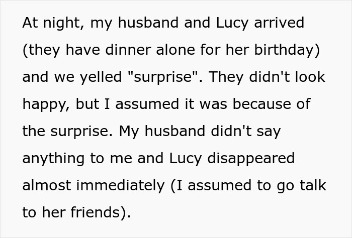 Text recounting an upset woman's surprise party where stepdaughter leaves immediately. Text recounting an upset woman's surprise party where stepdaughter leaves immediately.