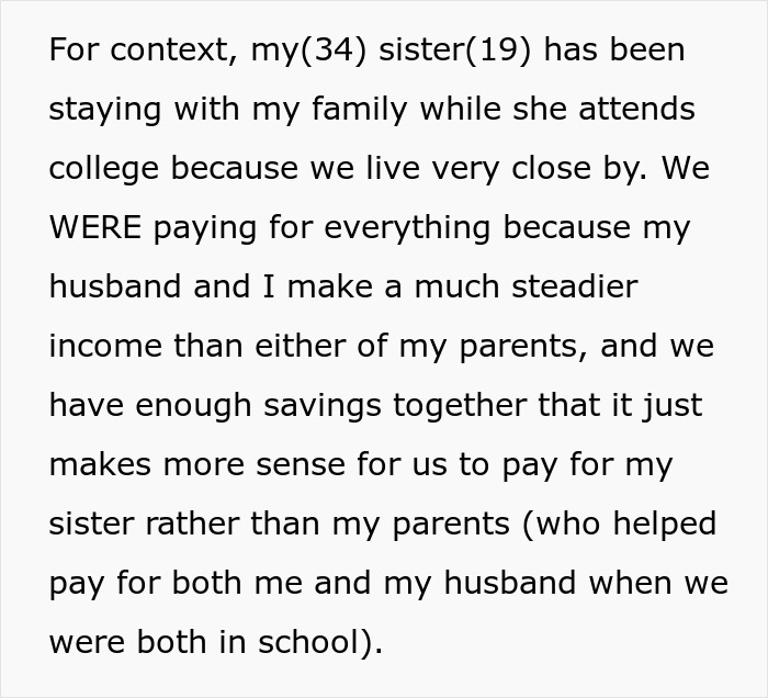 Text about family finances and refusing to pay sister's college expenses, mentions savings and income stability. Text about family finances and refusing to pay sister's college expenses, mentions savings and income stability.