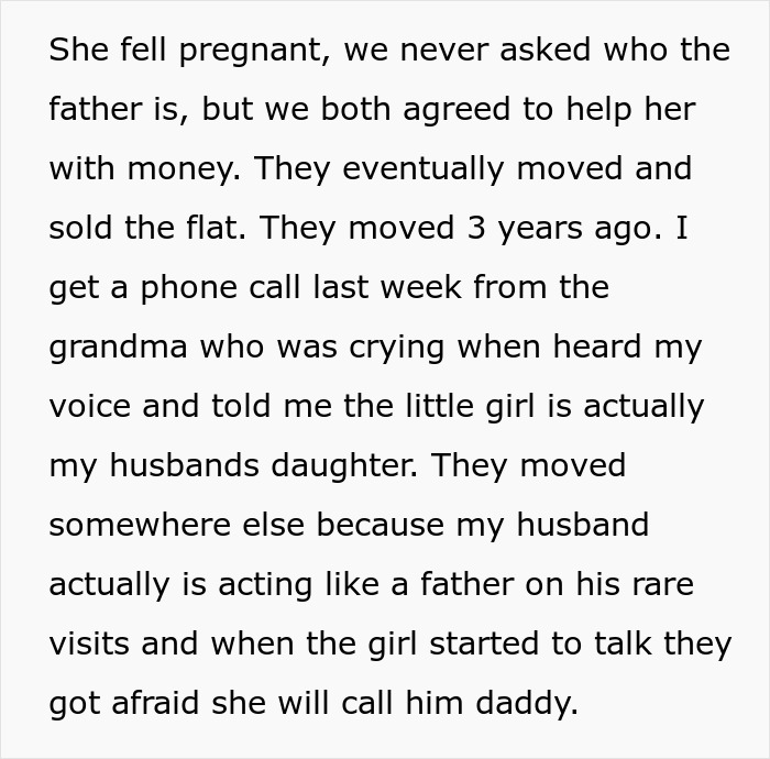 Text revealing neighbour's daughter is actually the husband's child, highlighting a secret family affair. Text revealing neighbour's daughter is actually the husband's child, highlighting a secret family affair.