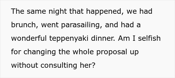 Text on background discussing proposal plans, including brunch, parasailing, Teppanyaki dinner, and questioning selfishness. Text on background discussing proposal plans, including brunch, parasailing, Teppanyaki dinner, and questioning selfishness.