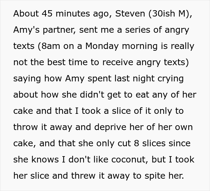 Text screenshot of a message detailing a conflict about cake at a friend's birthday party. Text screenshot of a message detailing a conflict about cake at a friend's birthday party.