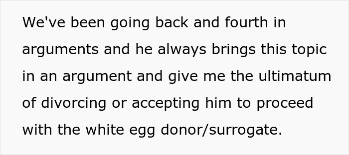 Text excerpt discussing marital disagreements over using a white egg donor/surrogate related to Asian features. Text excerpt discussing marital disagreements over using a white egg donor/surrogate related to Asian features.