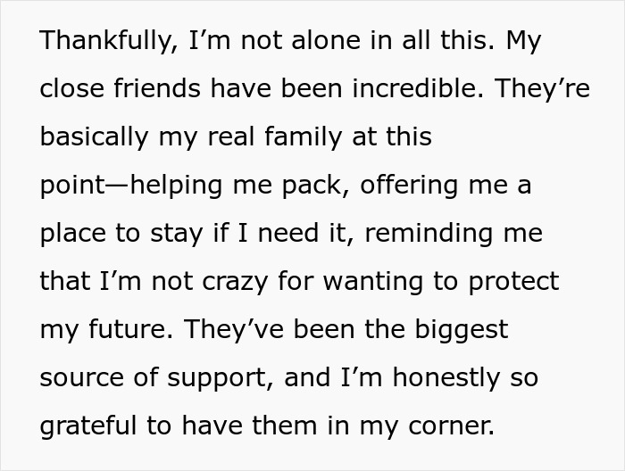 Text about choosing financial protection over family support, highlighting friendships as a primary support system. Text about choosing financial protection over family support, highlighting friendships as a primary support system.