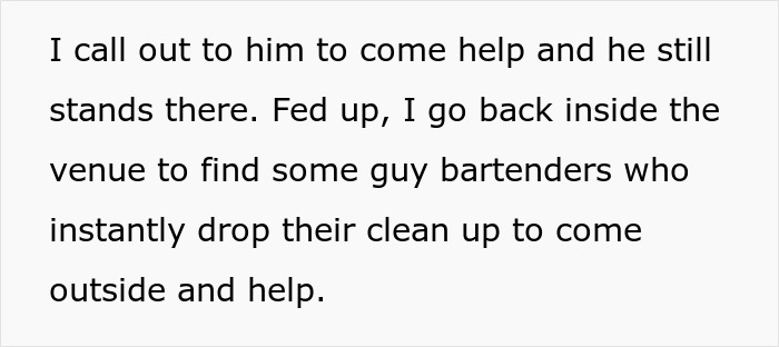 Text conversation about frustration with boyfriend's refusal to help, featuring helpful bartenders. Text conversation about frustration with boyfriend's refusal to help, featuring helpful bartenders.