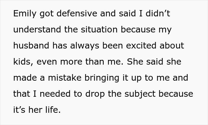 Text about a woman discussing her husband's excitement about having kids and her defensive response. Text about a woman discussing her husband's excitement about having kids and her defensive response.