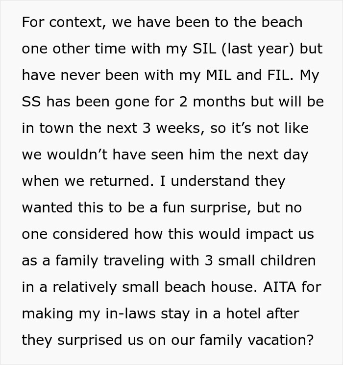 Text describing family vacation drama with in-laws arriving unannounced. Text describing family vacation drama with in-laws arriving unannounced.