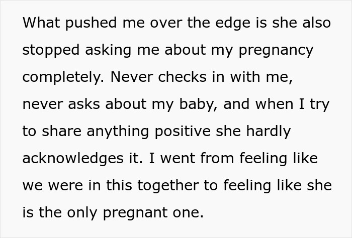 Text excerpt expressing a pregnant friend's complaint about lack of support and acknowledgment from another. Text excerpt expressing a pregnant friend's complaint about lack of support and acknowledgment from another.