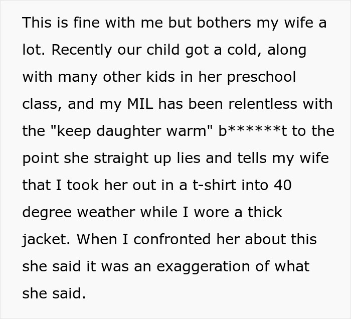 Text message about an overbearing MIL causing family tension by lying about her grandchild's clothing in cold weather. Text message about an overbearing MIL causing family tension by lying about her grandchild's clothing in cold weather.
