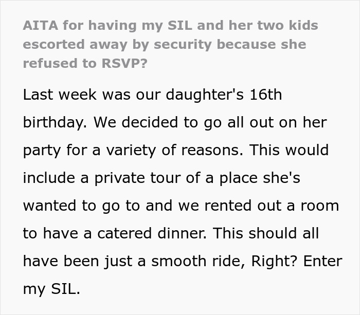 Text detailing an incident at a birthday party where guests were not allowed for not RSVPing. Text detailing an incident at a birthday party where guests were not allowed for not RSVPing.