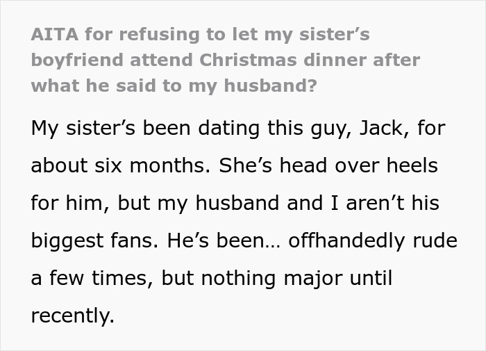 Text about sibling conflict over boyfriend at Christmas dinner due to his behavior. Text about sibling conflict over boyfriend at Christmas dinner due to his behavior.