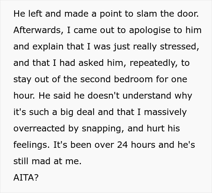Text from a woman explaining her stress after her husband interrupts an important job test, causing tension between them. Text from a woman explaining her stress after her husband interrupts an important job test, causing tension between them.
