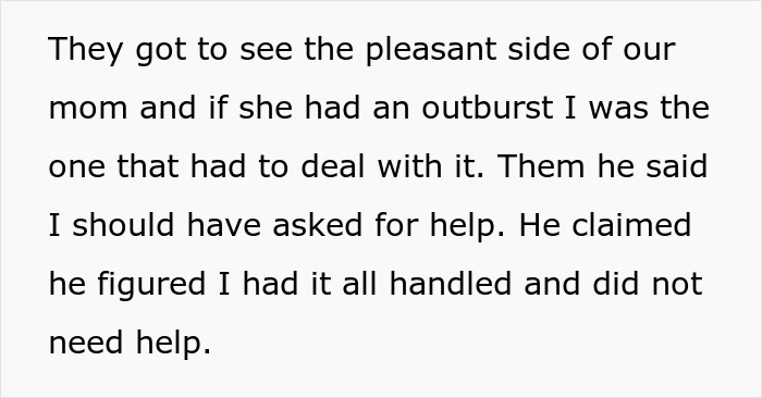 Text discussing family dynamics and responsibilities regarding mom's care, revealing emotional tension during the holidays. Text discussing family dynamics and responsibilities regarding mom's care, revealing emotional tension during the holidays.