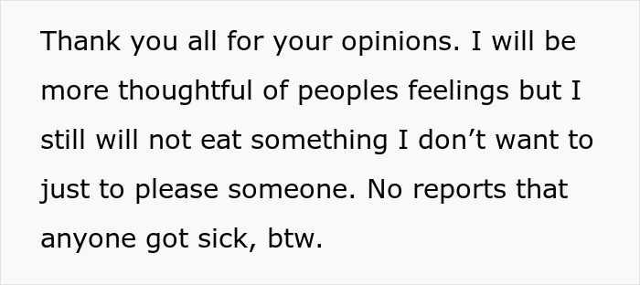 Text response discussing Thanksgiving dish concerns and prioritizing personal comfort, with no health issues reported. Text response discussing Thanksgiving dish concerns and prioritizing personal comfort, with no health issues reported.