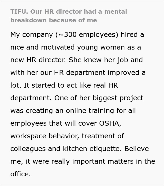 HR director mental breakdown text about workplace improvements and training project. HR director mental breakdown text about workplace improvements and training project.