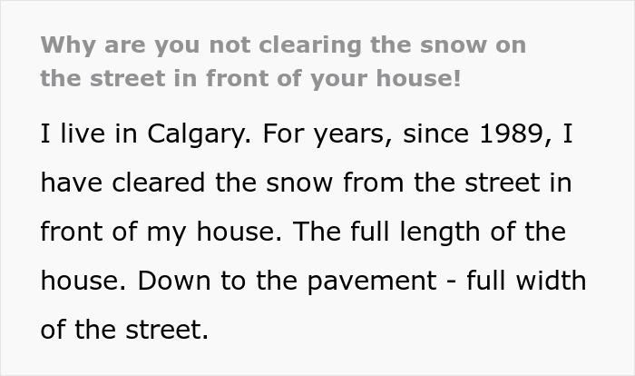 Text block about shoveling snow in front of a house, discussing years of clearing snow in Calgary. Text block about shoveling snow in front of a house, discussing years of clearing snow in Calgary.