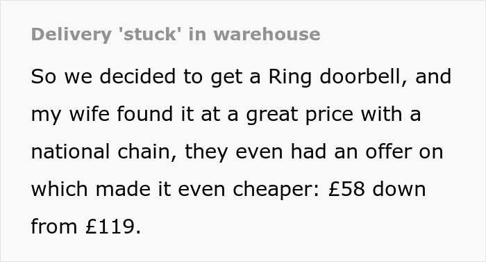 Text snippet about a Ring doorbell order being stuck in delivery, highlighting customer persistence. Text snippet about a Ring doorbell order being stuck in delivery, highlighting customer persistence.