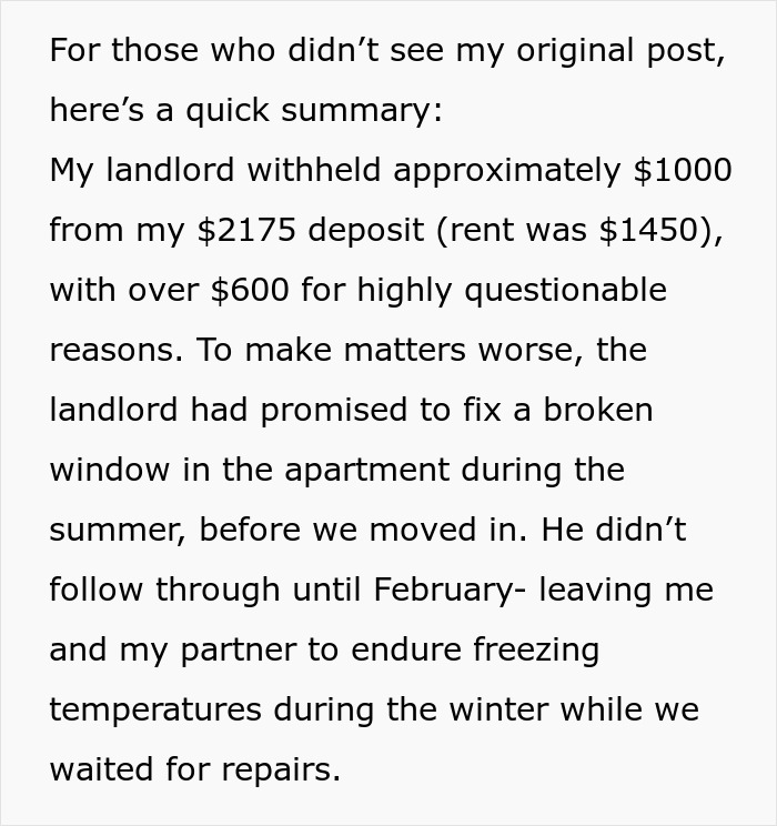Text summary about tenant court win against a greedy landlord withholding deposit and delaying repairs. Text summary about tenant court win against a greedy landlord withholding deposit and delaying repairs.