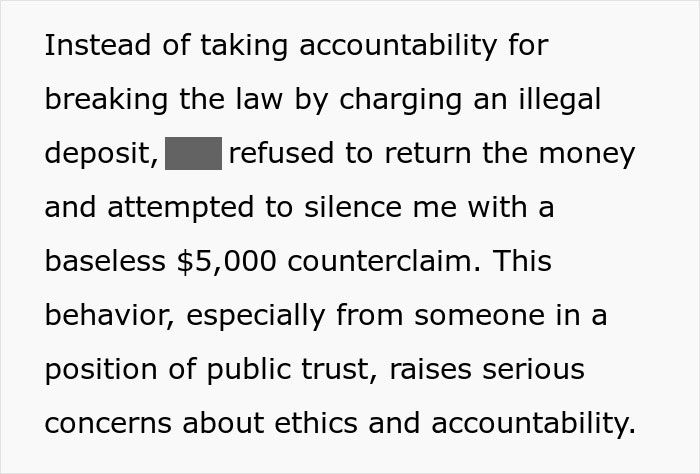 Text excerpt describing a landlord's refusal to return an illegal deposit, involving ethics and accountability. Text excerpt describing a landlord's refusal to return an illegal deposit, involving ethics and accountability.